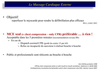 Objectif:   reperfuser le myocarde pour rendre la défibrillation plus efficace Wik L JAMA 2003 MCE seul  (« chest compression – only CPR)  préférable … à rien !  Acceptable dans les 5 premières minutes  ( recommandation niveau IIb) En cas de Dispatch assisted CPR  (guidé du centre 15 par tél) Refus ou incapacité du sauveteur à réaliser   bouche à bouche Public et professionnels sont réticents au bouche à bouche Kern KB.Resuscitation 1998 CPR by chest compresion alone or with mouth to mouth ventilation. Hallstrom A. NEJM 2000 Cardiopulmony resusitation by bystanders witch chest compression only (SOS –Kanto). Lancet 2007 Le Massage Cardiaque Externe 