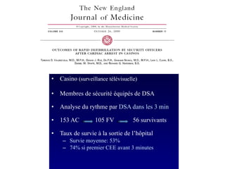 Casino  (surveillance télévisuelle) Membres de sécurité équipés de DSA Analyse du rythme par  DSA dans les 3 min 153 AC  105 FV  56 survivants Taux de survie à la sortie de l’hôpital Survie moyenne: 53% 74% si premier CEE avant 3 minutes 