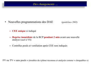Nouvelles programmations des DAE    (guidelines 2005) CEE unique  si indiqué Reprise immédiate  de la RCP  pendant 2 min  avant une nouvelle analyse  (sauf si VS) Contrôles pouls et ventilation après CEE non indiqués FV ou TV « sans pouls »  (troubles du rythme reconnus et analysés comme « choquables ») Des changements … 