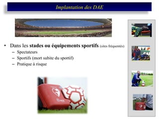 Dans les  stades ou équipements sportifs   (sites fréquentés) Spectateurs Sportifs (mort subite du sportif) Pratique à risque Implantation des DAE 