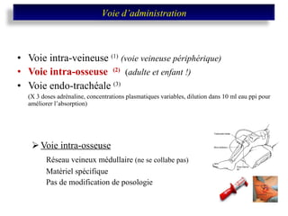 Voie intra-veineuse  (1)   (voie veineuse périphérique) Voie intra-osseuse  (2)   ( adulte et enfant !) Voie endo-trachéale  (3)   (X 3 doses adrénaline, concentrations plasmatiques variables, dilution dans 10 ml eau ppi pour améliorer l’absorption) Voie intra-osseuse Réseau veineux médullaire  (ne se collabe pas) Matériel spécifique Pas de modification de posologie Voie d’administration 