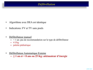 Algorithme avec DEA est identique  Indications: FV et TV sans pouls Défibrillateur manuel < 1 an: pas de recommandation sur le type de défibrillateur 4 J/kg palette pédiatrique  Défibrillateur Automatique Externe   ≥  1 an et < 8 ans ou 25 Kg: atténuateur d’énergie SARO 2007 Défibrillation 