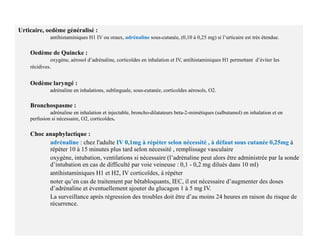 Urticaire, oedème généralisé : antihistaminiques H1 IV ou oraux,  adrénaline  sous-cutanée, (0,10 à 0,25 mg) si l’urticaire est très étendue. Oedème de Quincke : oxygène, aérosol d’adrénaline, corticoïdes en inhalation et IV, antihistaminiques H1 permettant  d’éviter les récidives . Oedème laryngé : adrénaline en inhalations, sublinguale, sous-cutanée, corticoïdes aérosols, O2. Bronchospasme : adrénaline en inhalation et injectable, broncho-dilatateurs beta-2-mimétiques (salbutamol) en inhalation et en perfusion si nécessaire, O2, corticoïdes . Choc anaphylactique : adrénaline  : chez l'adulte  IV 0,1mg à répéter selon nécessité , à défaut sous cutanée 0,25mg  à  répéter 10 à 15 minutes plus tard selon nécessité , remplissage vasculaire  oxygène, intubation, ventilations si nécessaire (l’adrénaline peut alors être administrée par la sonde  d’intubation en cas de difficulté par voie veineuse : 0,1 - 0,2 mg dilués dans 10 ml)  antihistaminiques H1 et H2, IV corticoïdes, à répéter  noter qu’en cas de traitement par bêtabloquants, IEC, il est nécessaire d’augmenter des doses  d’adrénaline et éventuellement ajouter du glucagon 1 à 5 mg IV.  La surveillance après régression des troubles doit être d’au moins 24 heures en raison du risque de  récurrence. 