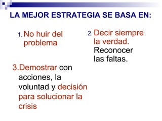 LA MEJOR ESTRATEGIA SE BASA EN: 
1.No huir del 
problema 
2.Decir siempre 
la verdad. 
Reconocer 
las faltas. 
3.Demostrar con 
acciones, la 
voluntad y decisión 
para solucionar la 
crisis 
 