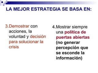 LA MEJOR ESTRATEGIA SE BASA EN: 
3.Demostrar con 
acciones, la 
voluntad y decisión 
para solucionar la 
crisis 
4.Mostrar siempre 
una política de 
puertas abiertas 
(no generar 
percepción que 
se esconde la 
información) 
 