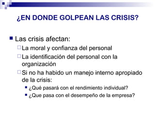 ¿EN DONDE GOLPEAN LAS CRISIS? 
 Las crisis afectan: 
La moral y confianza del personal 
La identificación del personal con la 
organización 
Si no ha habido un manejo interno apropiado 
de la crisis: 
 ¿Qué pasará con el rendimiento individual? 
 ¿Que pasa con el desempeño de la empresa? 
 