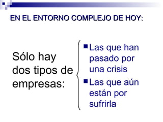 EENN EELL EENNTTOORRNNOO CCOOMMPPLLEEJJOO DDEE HHOOYY:: 
Sólo hay 
dos tipos de 
empresas: 
Las que han 
pasado por 
una crisis 
Las que aún 
están por 
sufrirla 
 