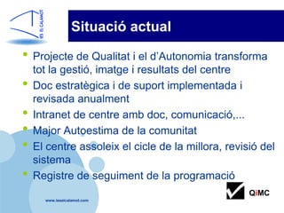 Situació actual

• Projecte de Qualitat i el d’Autonomia transforma
    tot la gestió, imatge i resultats del centre
•   Doc estratègica i de suport implementada i
    revisada anualment
•   Intranet de centre amb doc, comunicació,...
•   Major Autoestima de la comunitat
•   El centre assoleix el cicle de la millora, revisió del
    sistema
•   Registre de seguiment de la programació
                                                    QiMC
      www.ieselcalamot.com
 