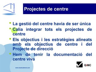 Projectes de centre


• La gestió del centre havia de ser única
• Calia integrar tots els projectes de
    centre
•   Els objectius i les estratègies alineats
    amb els objectius de centre i del
    Projecte de direcció
•   Hem de tenir la documentació del
    centre viva
                                        QiMC
     www.ieselcalamot.com
 