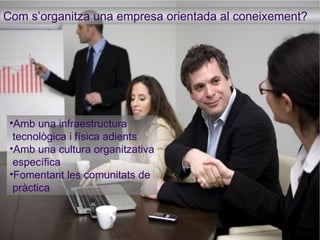 Com s’organitza una empresa orientada al coneixement? Amb una infraestructura tecnològica i física adients Amb una cultura organitzativa específica Fomentant les comunitats de pràctica 