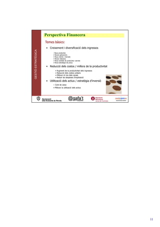 Perspectiva Financera
                     Temes bàsics:
                     • Creixement i diversificació dels ingressos
GESTIÓ ESTRATÈGICA




                           • Nous productes
                           • Noves aplicacions
                           • Nous clients i mercats
                           • Noves relacions
                           • Nova varietat de productes i serveis
                           • Nova estratègia de preus

                     • Reducció dels costos / millora de la productivitat
                             •   Augment de la productivitat dels ingressos
                             •   Reducció dels costos unitaris
                             •   Millorar el mix dels canals
                             •   Reduir les despeses d’explotació
                     • Utilització dels actius / estratègia d’inversió
                           • Cicle de caixa
                           • Millorar la utilització dels actius




                                                                              11
 