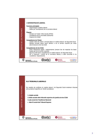 L’ADMINISTRACIÓ LABORAL

                         Funcions principals:
                           - Desenvolupar la política laboral
GESTIÓ DE LES PERSONES



                           - Vetllar per l’acompliment de la normativa laboral

                         Òrgans:
                           - Ministeri de Treball i Afers Socials (MTAS)
                           - Conselleries de les comunitats autònomes
                           - Inspecció de treball

                         Competència de l’Estat:
                           - Legislar sobre els criteris i principis bàsics en matèria laboral i de Seguretat Social
                           - Aquests principis bàsics seran idèntics a tot el territori nacional per evitar
                             discriminacions entre les CCAA

                         Competències de les CCAA
                           - Dictar disposicions legals i reglamentaries (sempre han de respectar les bases
                             fixades per tot el territori nacional)
                           - Algunes CCAA tenen competències en matèria laboral i de Seguretat Social
                           - Per a l’execució i control de la normativa laboral, a cada comunitat hi ha
                             conselleries i departaments




                         ELS TRIBUNALS LABORALS
GESTIÓ DE LES PERSONES




                         Per resoldre els conflictes en matèria laboral i de Seguretat Social existeixen tribunals
                         amb jurisdicció específica en l’àmbit sociolaboral



                           1. Jutjats socials
                           2. Sales socials dels tribunals superiors de justícia de les CCAA
                           3. sala social de l’Audiència Nacional
                           4.   Sala IV social del Tribunal Suprem




                                                                                                                       3
 