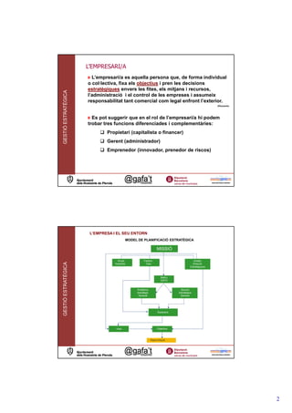 L’EMPRESARI/A
                       L’empresari/a es aquella persona que, de forma individual
                     o col·lectiva, fixa els objectius i pren les decisions
                     estratègiques envers les fites, els mitjans i recursos,
GESTIÓ ESTRATÈGICA




                     l’administració i el control de les empreses i assumeix
                     responsabilitat tant comercial com legal enfront l’exterior.
                                                                                                           (Wiquipedia)




                       Es pot suggerir que en el rol de l’empresari/a hi podem
                     trobar tres funcions diferenciades i complementàries:
                             Propietari (capitalista o financer)
                             Gerent (administrador)
                             Emprenedor (innovador, prenedor de riscos)




                      L’EMPRESA I EL SEU ENTORN
                                             MODEL DE PLANIFICACIÓ ESTRATÈGICA

                                                                    MISSIÓ

                                   Grups                Factors                               Unitats
GESTIÓ ESTRATÈGICA




                                 Implicats               Clau                                Direcció
                                                                                           Estratégiques



                                                                        Matriu
                                                                        DAFO


                                                  Problema                        Solució
                                                  Estratègic                     Estratègica
                                                   General                        General




                                                                     Escenaris




                                 Visió                              Objectius



                                                               Plans d’Acció




                                                                                                                          2
 