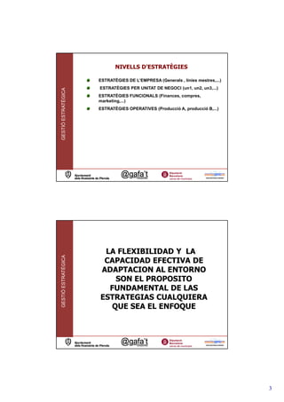 NIVELLS D’ESTRATÈGIES

                     ESTRATÈGIES DE L’EMPRESA (Generals , línies mestres,...)
                     ESTRATÈGIES PER UNITAT DE NEGOCI (un1, un2, un3,...)
GESTIÓ ESTRATÈGICA




                     ESTRATÈGIES FUNCIONALS (Finances, compres,
                     marketing,...)
                     ESTRATÈGIES OPERATIVES (Producció A, producció B,...)




                      LA FLEXIBILIDAD Y LA
GESTIÓ ESTRATÈGICA




                      CAPACIDAD EFECTIVA DE
                     ADAPTACION AL ENTORNO
                        SON EL PROPOSITO
                       FUNDAMENTAL DE LAS
                     ESTRATEGIAS CUALQUIERA
                       QUE SEA EL ENFOQUE




                                                                                3
 