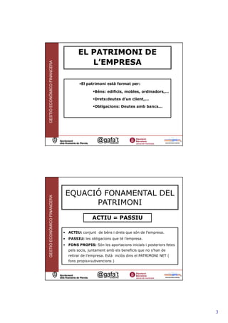 EL PATRIMONI DE
                                        L’EMPRESA
GESTIÓ ECONÒMICO FINANCERA




                                     •El patrimoni està format per:

                                              Béns: edificis, mobles, ordinadors,...

                                              Drets:deutes d’un client,...

                                              Obligacions: Deutes amb bancs...




                                                                                              5




                              EQUACIÓ FONAMENTAL DEL
GESTIÓ ECONÒMICO FINANCERA




                                    PATRIMONI
                                             ACTIU = PASSIU

                             • ACTIU: conjunt de béns i drets que són de l’empresa.
                             • PASSIU: les obligacions que té l’empresa.
                             • FONS PROPIS: Són les aportacions inicials i posteriors fetes
                               pels socis, juntament amb els beneficis que no s’han de
                               retirar de l’empresa. Està inclòs dins el PATRIMONI NET (
                               fons propis+subvencions )



                                                                                              6




                                                                                                  3
 