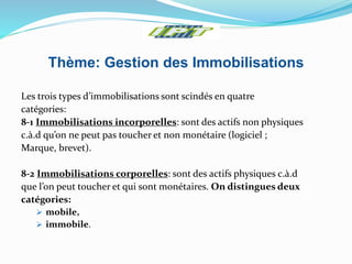 Thème: Gestion des Immobilisations
Les trois types d’immobilisations sont scindés en quatre
catégories:
8-1 Immobilisations incorporelles: sont des actifs non physiques
c.à.d qu’on ne peut pas toucher et non monétaire (logiciel ;
Marque, brevet).
8-2 Immobilisations corporelles: sont des actifs physiques c.à.d
que l’on peut toucher et qui sont monétaires. On distingues deux
catégories:
 mobile,
 immobile.
 