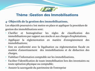 Thème :Gestion des Immobilisations
4- Objectifs de la gestion des immobilisations.
Les objectifs poursuivis c’est mettre en place et appliquer la procédure de
gestion des immobilisations sont:
• Clarifier et homogénéiser les règles de classification des
immobilisations par rapport aux stocks et aux charges d’exploitations,
• Appliquer la règlementation en matière d’enregistrement des
immobilisations;
• Etre en conformité avec la légalisation ou règlementation fiscale en
matière d’amortissement des immobilisations et de déduction des
charges,
• Fiabiliser l’information comptable sur les immobilisations,
• Faciliter l’identification de toute immobilisation lors des inventaires ou
toute opération physique ou comptable;
• Assurer la sauvegarde du patrimoine de l’entreprise
 