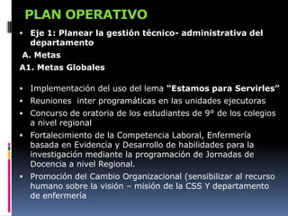 PLAN OPERATIVO
 Eje 1: Planear la gestión técnico- administrativa del
  departamento
A. Metas
A1. Metas Globales

 Implementación del uso del lema “Estamos para Servirles”
 Reuniones inter programáticas en las unidades ejecutoras
 Concurso de oratoria de los estudiantes de 9° de los colegios
  a nivel regional
 Fortalecimiento de la Competencia Laboral, Enfermería
  basada en Evidencia y Desarrollo de habilidades para la
  investigación mediante la programación de Jornadas de
  Docencia a nivel Regional.
 Promoción del Cambio Organizacional (sensibilizar al recurso
  humano sobre la visión – misión de la CSS Y departamento
  de enfermería
 