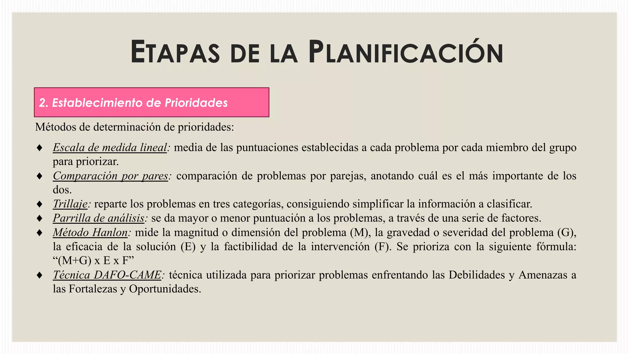 ETAPAS DE LA PLANIFICACIÓN
2. Establecimiento de Prioridades
Métodos de determinación de prioridades:
Escala de medida lineal: media de las puntuaciones establecidas a cada problema por cada miembro del grupo
para priorizar.
Comparación por pares: comparación de problemas por parejas, anotando cuál es el más importante de los
dos.
Trillaje: reparte los problemas en tres categorías, consiguiendo simplificar la información a clasificar.
Parrilla de análisis: se da mayor o menor puntuación a los problemas, a través de una serie de factores.
Método Hanlon: mide la magnitud o dimensión del problema (M), la gravedad o severidad del problema (G),
la eficacia de la solución (E) y la factibilidad de la intervención (F). Se prioriza con la siguiente fórmula:
“(M+G) x E x F”
Técnica DAFO-CAME: técnica utilizada para priorizar problemas enfrentando las Debilidades y Amenazas a
las Fortalezas y Oportunidades.

 
