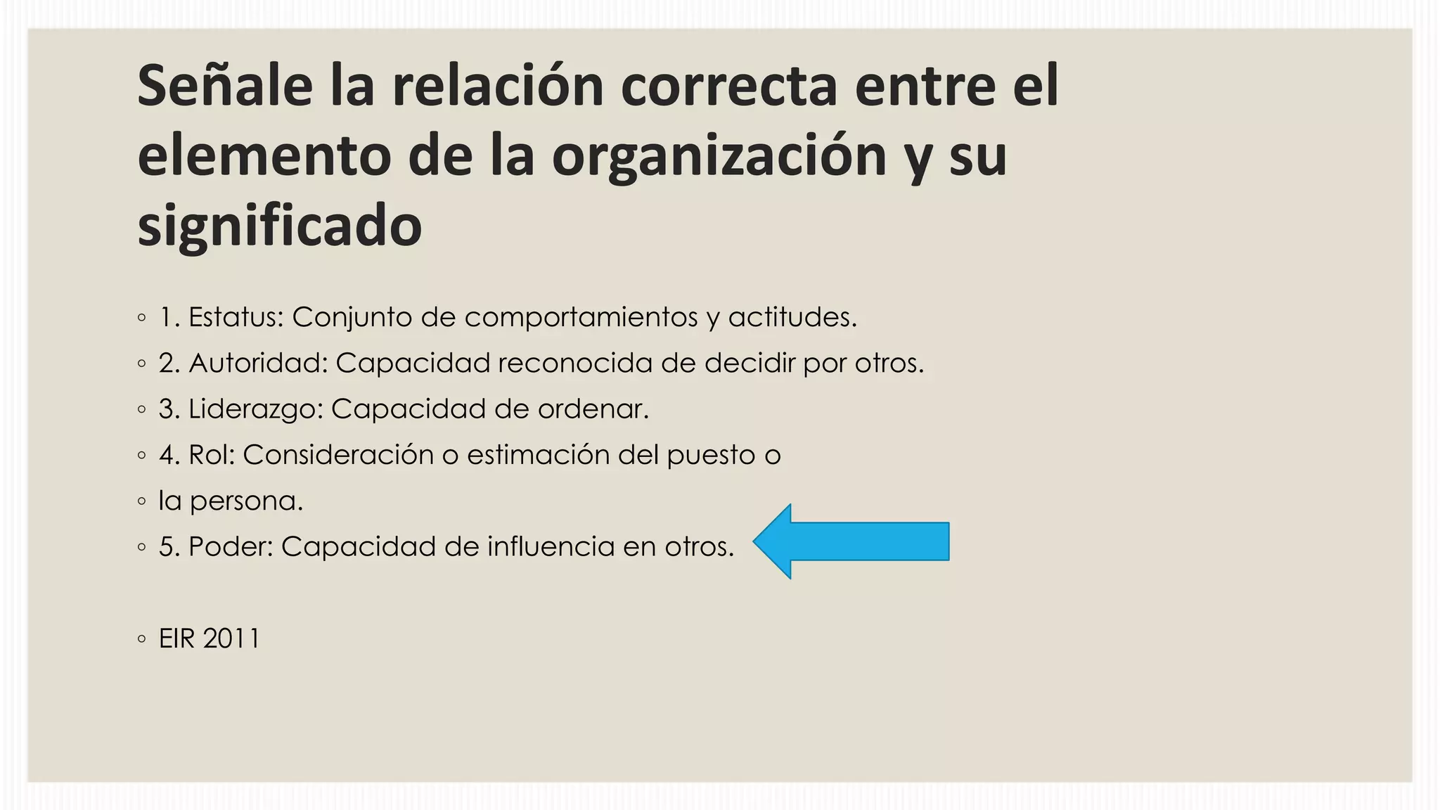 Señale la relación correcta entre el
elemento de la organización y su
significado
◦ 1. Estatus: Conjunto de comportamientos y actitudes.
◦ 2. Autoridad: Capacidad reconocida de decidir por otros.
◦ 3. Liderazgo: Capacidad de ordenar.
◦ 4. Rol: Consideración o estimación del puesto o
◦ la persona.
◦ 5. Poder: Capacidad de influencia en otros.
◦ EIR 2011

 