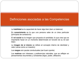 Definiciones asociadas a las Competencias La  habilidad  es la capacidad de hacer algo bien (leer un balance) Es  conocimiento  es lo que una persona sabe de un área particular (principios de contaduría) El  rol social  es la imagen que proyecta el candidato; lo que cree que es importante hacer en un momento determinado en función de su rol (ser líder) La  imagen de sí mismo  se refiere al concepto interno de identidad y valor (verse como un maestro) Los  rasgos  son pautas conductuales (ser buen oyente) Los  motivos  son intereses y preferencias naturales, que se reflejan en pensamientos recurrentes y constantes (logro, poder, afiliación) 