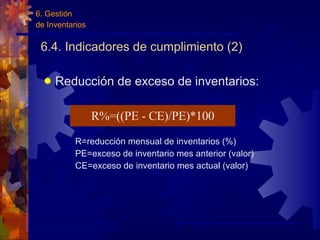 6.4. Indicadores de cumplimiento (2) Reducción de exceso de inventarios: R=reducción mensual de inventarios (%) PE=exceso de inventario mes anterior (valor) CE=exceso de inventario mes actual (valor) R%=((PE - CE)/PE)*100 6. Gestión  de Inventarios 