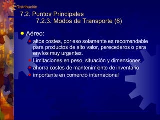 7.2. Puntos Principales 7.2.3. Modos de Transporte (6) Aéreo: altos costes, por eso solamente es recomendable para productos de alto valor, perecederos o para envíos muy urgentes. Limitaciones en peso, situación y dimensiones ahorra costes de mantenimiento de inventario importante en comercio internacional 7. Distribución 