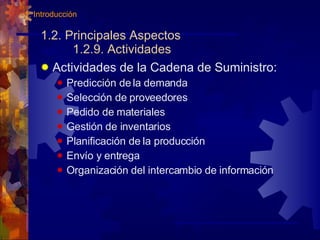 1.2. Principales Aspectos 1.2.9. Actividades Actividades de la Cadena de Suministro: Predicción de la demanda Selección de proveedores Pedido de materiales Gestión de inventarios Planificación de la producción Envío y entrega Organización del intercambio de información 1. Introducción 