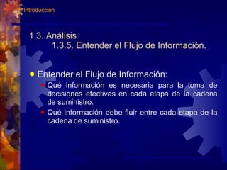 1.3. Análisis 1.3.5. Entender el Flujo de Información. Entender el Flujo de Información: Qué información es necesaria para la toma de decisiones efectivas en cada etapa de la cadena de suministro. Qué información debe fluir entre cada etapa de la cadena de suministro. 1. Introducción 
