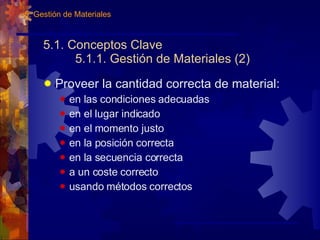 5.1. Conceptos Clave 5.1.1. Gestión de Materiales (2) Proveer la cantidad correcta de material: en las condiciones adecuadas en el lugar indicado en el momento justo en la posición correcta en la secuencia correcta a un coste correcto usando métodos correctos 5. Gestión de Materiales 