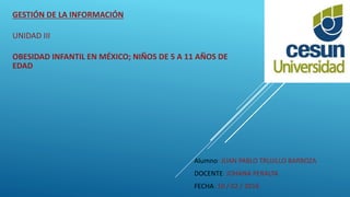 GESTIÓN DE LA INFORMACIÓN
UNIDAD III
OBESIDAD INFANTIL EN MÉXICO; NIÑOS DE 5 A 11 AÑOS DE
EDAD
Alumno: JUAN PABLO TRUJILLO BARBOZA
DOCENTE: JOHANA PERALTA
FECHA: 10 / 02 / 2016
 