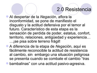 2.0 Resistencia Al despertar de la  Negació n, aflora la inconformidad, se pone de manifiesto el disgusto y la actitud defensiva por el temor al futuro. Característico de esta etapa es la sensación de perdida de poder, estatus, confort, territorio, relaciones, antigüedad y experiencia……¡se pisa sobre terreno frágil! A diferencia de la etapa de  Negació n, aquí es fácilmente reconocible la actitud de resistencia al cambio, sin  embargo una situación peligrosa se presenta cuando se combate el cambio “tras bambalinas” con una actitud pasivo-agresiva. 