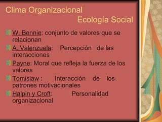 Clima Organizacional   Ecología Social W. Bennie : conjunto de valores que se relacionan A. Valenzuela :  Percepción  de las interacciones Payne : Moral que refleja la fuerza de los valores Tomislaw  :  Interacción  de  los patrones motivacionales Halpin y Croft :  Personalidad  organizacional 
