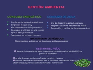 GESTIÓN AMBIENTAL
CONSUMO ENERGÉTICO CONSUMO DE AGUA
Instalación de placas de energía solar Uso de dispositivos para ahorrar agua
Empleo de maquinaria y Programa sostinible de cambio de toallas
electrodomésticos de bajo consumo Depuración y reutilización de agua para riego
Reagrupar la actividad en una zona en
épocas de baja ocupación
Senrores de luz en zonas comunes
TRATAMIENTO DE RESIDUOS
• Diferenciación y reciclaje de los desechos y residuos generados
GESTIÓN DEL RUÍDO
: Sistemas de insonorización según el reglamento estblecido en el decreto 86/2007 que
garantizan aislamiento.
Las salas de uso común, bares, cafeterías, comedores y salas de
reuniones de todo el establecimiento estarán recubiertas de materiales acústicos y
absorbentes que garanticen su total aislamiento e insonorización