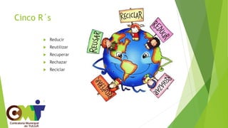 Cinco R´s
 Reducir
 Reutilizar
 Recuperar
 Rechazar
 Reciclar
.
 