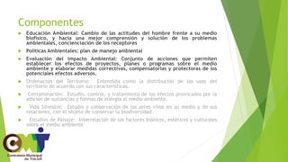 Componentes
 Educación Ambiental: Cambio de las actitudes del hombre frente a su medio
biofísico, y hacia una mejor comprensión y solución de los problemas
ambientales, concienciación de los receptores
 Políticas Ambientales: plan de manejo ambiental
 Evaluación del impacto Ambiental: Conjunto de acciones que permiten
establecer los efectos de proyectos, planes o programas sobre el medio
ambiente y elaborar medidas correctivas, compensatorias y protectoras de los
potenciales efectos adversos.
 Ordenación del Territorio: Entendida como la distribución de los usos del
territorio de acuerdo con sus características.
 Contaminación: Estudio, control, y tratamiento de los efectos provocados por la
adición de sustancias y formas de energía al medio ambiente.
 Vida Silvestre: Estudio y conservación de los seres vivos en su medio y de sus
relaciones, con el objeto de conservar la biodiversidad.
 Estudios de Paisaje: Interrelación de los factores bióticos, estéticos y culturales
sobre el medio ambiente
 