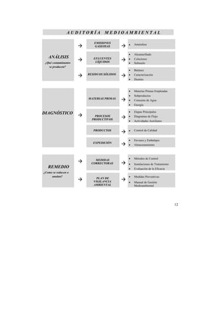 12 
A U D I T O R Í A M E D I O A M B I E N T A L 
+ 
EMISIONES 
GASEOSAS + • Atmósfera 
+ EFLUENTES 
LÍQUIDOS + 
• Alcantarillado 
• Colectores 
• Subsuelo 
ANÁLISIS 
¿Qué contaminantes 
se producen? 
+ RESIDUOS SÓLIDOS + 
• Balance 
• Caracterización 
• Destino 
MATERIAS PRIMAS + 
• Materias Primas Empleadas 
• Subproductos 
• Consumo de Agua 
• Energía 
PROCESOS 
PRODUCTIVOS + 
• Etapas Principales 
• Diagramas de Flujo 
• Actividades Auxiliares 
PRODUCTOS + • Control de Calidad 
DIAGNÓSTICO + 
EXPEDICIÓN + 
• Envases y Embalajes 
• Almacenamiento 
• Métodos de Control 
+ MEDIDAS 
CORRECTORAS + 
REMEDIO 
• Instalaciones de Tratamiento 
• Evaluación de la Eficacia ¿Como se reducen o 
anulan? 
+ PLAN DE 
VIGILANCIA 
AMBIENTAL 
+ 
• Medidas Preventivas 
• Manual de Gestión 
Medioambiental 
 
