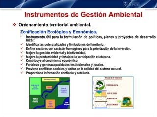Ordenamiento territorial ambiental. Zonificación Ecológica y Económica .  Instrumento útil para la formulación de políticas, planes y proyectos de desarrollo local: Identifica las potencialidades y limitaciones del territorio. Define sectores con carácter homogéneo para la priorización de la inversión. Mejora la gestión ambiental y biodiversidad. Mejora la productividad y fortalece la participación ciudadana. Contribuye al crecimiento económico. Fortalece y genera capacidades institucionales y locales. Previene conflictos sociales y daños en la calidad del sistema natural. Proporciona información confiable y detallada. Instrumentos de Gestión Ambiental 