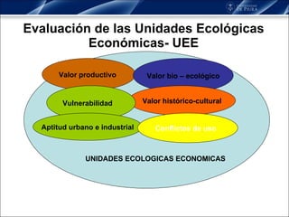 Evaluación de las Unidades Ecológicas Económicas­ UEE Valor productivo Valor bio – ecológico Valor histórico-cultural Vulnerabilidad Aptitud urbano e industrial Conflictos de uso UNIDADES ECOLOGICAS ECONOMICAS 