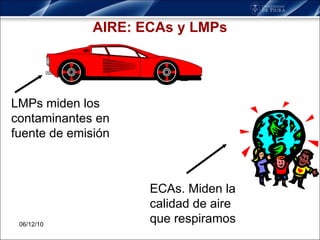 AIRE: ECAs y LMPs 06/12/10 LMPs miden los contaminantes en fuente de emisión ECAs. Miden la calidad de aire que respiramos 