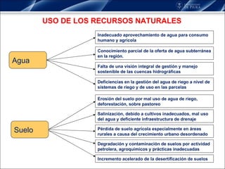 USO DE LOS RECURSOS NATURALES Agua Suelo Inadecuado aprovechamiento de agua para consumo humano y agrícola Conocimiento parcial de la oferta de agua subterránea en la región. Falta de una visión integral de gestión y manejo sostenible de las cuencas hidrográficas Deficiencias en la gestión del agua de riego a nivel de sistemas de riego y de uso en las parcelas Erosión del suelo por mal uso de agua de riego, deforestación, sobre pastoreo Salinización, debido a cultivos inadecuados, mal uso del agua y deficiente infraestructura de drenaje Pérdida de suelo agrícola especialmente en áreas rurales a causa del crecimiento urbano desordenado Degradación y contaminación de suelos por   actividad petrolera, agroquímicos y prácticas inadecuadas Incremento acelerado de la desertificación de suelos  