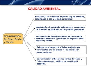 CALIDAD AMBIENTAL Contaminación De Ríos, Bahías y Playas Evacuación de efluentes líquidos (aguas servidas, industriales a ríos y el medio marítimo . Inadecuado e incompleto tratamiento y evacuación de efluentes industriales en las plantas pesqueras.  Evacuación de desechos sólidos de la actividad portuaria, pesquera  y petrolera en Bayóvar, Paita, Sechura y Talara.  Existencia de desechos sólidos arrojados por veraneantes en: las playas y en alta mar por embarcaciones.  Contaminación crítica de las bahías de Talara y Paita, causada por residuos de la actividad pesquera.  