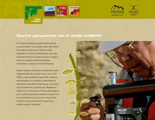 GESTIÓN DE   COMUNIDADES
                                     GESTIÓN        LA TIERRA
                                    DEL AGUA




                  MEDIO
                AMBIENTE




Nuestro compromiso con el medio ambiente
En Tintaya Antapaccay, estamos plenamente
comprometidos con la preservación del entorno
de nuestras operaciones. Fijamos metas
exigentes en materia ambiental para usar más
eﬁcientemente los recursos de agua y energía, y
disminuir nuestras emisiones de gases
invernadero y residuos al medio ambiente.


Nuestro Sistema de Gestión Ambiental ha sido
implementado de acuerdo con la norma ISO
14001, y está certiﬁcado desde 2001; además
está alineado con la política y estándares de
Desarrollo Sostenible de Xstrata plc, que tienen
como fundamento la prevención. Realizamos
auditorías y monitoreos continuos para asegurar
que nuestras operaciones siempre cumplan con
la normatividad nacional, y que nos permitan
identiﬁcar oportunamente los riesgos y su
posible impacto ambiental.
 