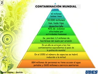 2
                             CONTAMINACIÓN MUNDIAL

                                            60 millones
                                            bolsas /mes
                                         10.000 millones
                                          ton. todo tipo
                                          desecho/año
                                          40% de océanos
                                           afectados por
                                        actividades humanas
                                    Se pierden 1,2 millones de
                                  hectáreas del suelo por erosión
                                    En un año se arrojan a los ríos
                                contaminantes equivalentes al peso de
                                         la población mundial

                            En el 2050 el número de especies se habrá
                                       reducido a la mitad

                          884 millones de personas no tiene acceso al agua
                            potable y 2600 millones a servicio sanitarios


Daniel Ospina – Gestión
 