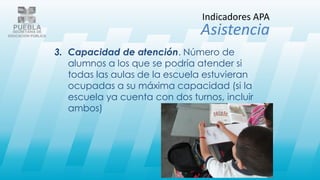 3. Capacidad de atención. Número de
alumnos a los que se podría atender si
todas las aulas de la escuela estuvieran
ocupadas a su máxima capacidad (si la
escuela ya cuenta con dos turnos, incluir
ambos)
Indicadores APA
Asistencia
 