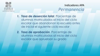 1. Tasa de deserción total. Porcentaje de
alumnos matriculados al inicio del ciclo
escolar que abandonan la escuela antes
de inicial el siguiente ciclo escolar
2. Tasa de aprobación. Porcentaje de
alumnos matriculados al inicio del ciclo
escolar que aprueban su grado
Indicadores APA
Permanencia
 