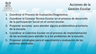 Acciones de la
Gestión Escolar
1. Coordinar el Proceso de Evaluación/Diagnóstico.
2. Coordinar el Consejo Técnico Escolar en el proceso de desarrollo
de la participación Social en el centro escolar.
3. Proponer acciones para atender alguna problemática prioritaria
de la escuela.
4. Coordinar al Colectivo Escolar en el proceso de implementación
de las acciones para atender la o los problemas de la escuela.
5. Proponer estrategias para el seguimiento y evaluación de las
acciones planeadas.
 