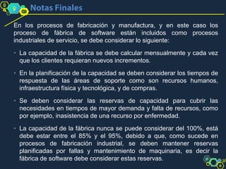 En los procesos de fabricación y manufactura, y en este caso los
proceso de fábrica de software están incluidos como procesos
industriales de servicio, se debe considerar lo siguiente:
• La capacidad de la fábrica se debe calcular mensualmente y cada vez
que los clientes requieran nuevos incrementos.
• En la planificación de la capacidad se deben considerar los tiempos de
respuesta de las áreas de soporte como son recursos humanos,
infraestructura física y tecnológica, y de compras.
• Se deben considerar las reservas de capacidad para cubrir las
necesidades en tiempos de mayor demanda y falta de recursos, como
por ejemplo, inasistencia de una recurso por enfermedad.
• La capacidad de la fábrica nunca se puede considerar del 100%, está
debe estar entre el 85% y el 95%, debido a que, como sucede en
procesos de fabricación industrial, se deben mantener reservas
planificadas por fallas y mantenimiento de maquinaria, es decir la
fábrica de software debe considerar estas reservas.
 