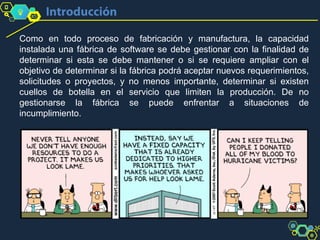 Como en todo proceso de fabricación y manufactura, la capacidad
instalada una fábrica de software se debe gestionar con la finalidad de
determinar si esta se debe mantener o si se requiere ampliar con el
objetivo de determinar si la fábrica podrá aceptar nuevos requerimientos,
solicitudes o proyectos, y no menos importante, determinar si existen
cuellos de botella en el servicio que limiten la producción. De no
gestionarse la fábrica se puede enfrentar a situaciones de
incumplimiento.
 