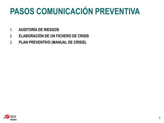 PASOS COMUNICACIÓN PREVENTIVA
1.   AUDITORÍA DE RIESGOS
2.   ELABORACIÓN DE UN FICHERO DE CRISIS
3.   PLAN PREVENTIVO (MANUAL DE CRISIS).




                                           8
 